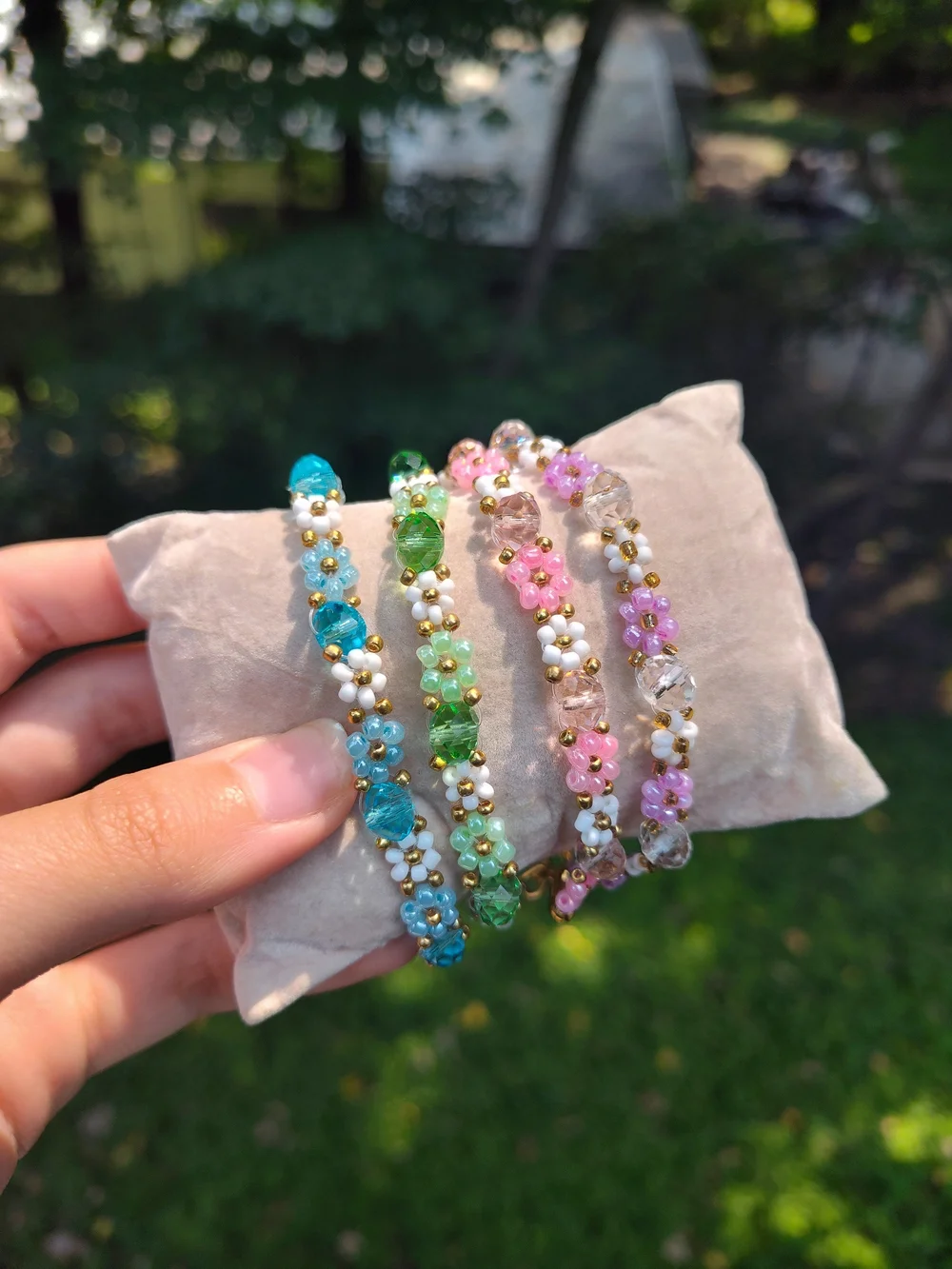 Handcrafted Beaded Flower Bracelets - Pink, Green, Blue, Lavender